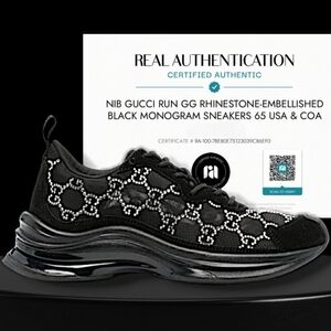 Gucci Run G Monogram Rhinestone Embellished Black Luxury Sneakers Box COA 6.5